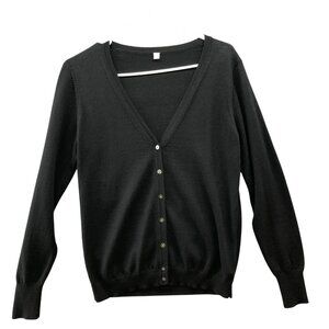 Uniqlo Merino Wool Cardigan Womens L Black V-Neck Button Front Lightweight Japan